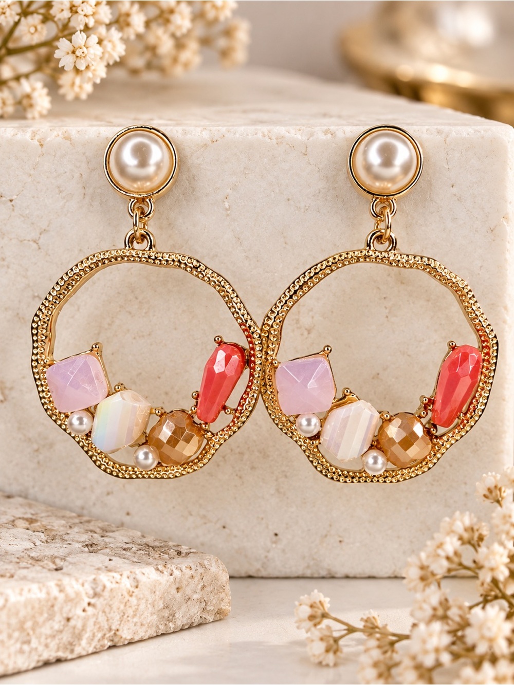 Boho Gold Tone Stainless Steel Post Earrings with Faux Pearl & Multicolor Stone